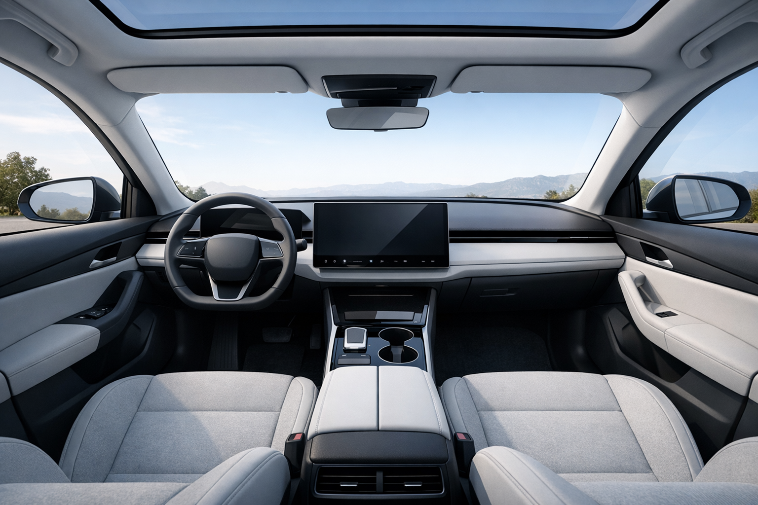 Modern Electric Vehicle Interior with Spacious Cabin