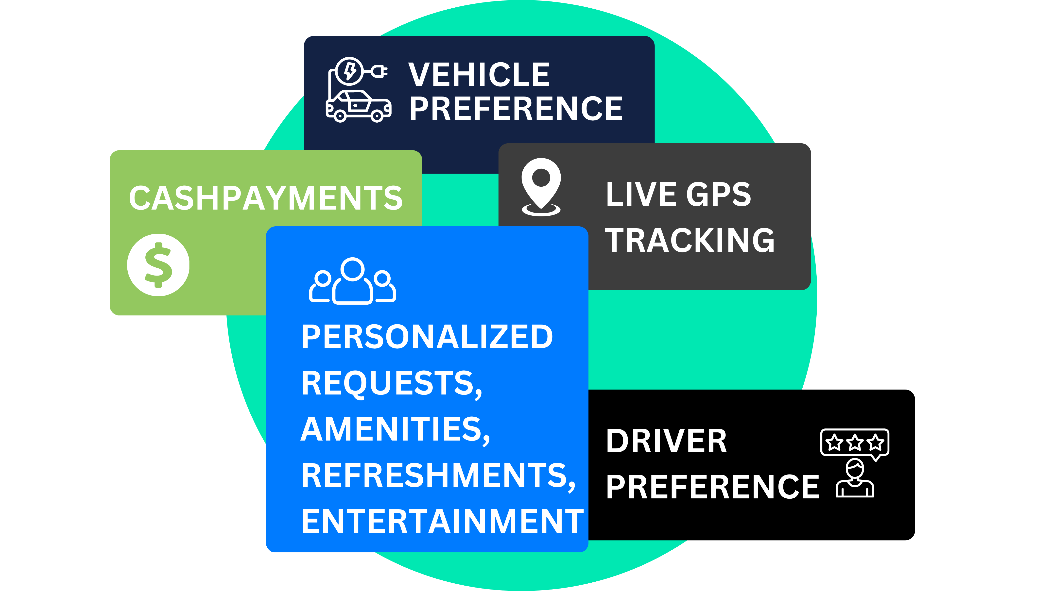 Joyride App features: Vehicle Preference, Driver Preference, Cash and card flexible payments, personalized requests, amenities, refreshments, and entertainment, live GPS trip tracking.