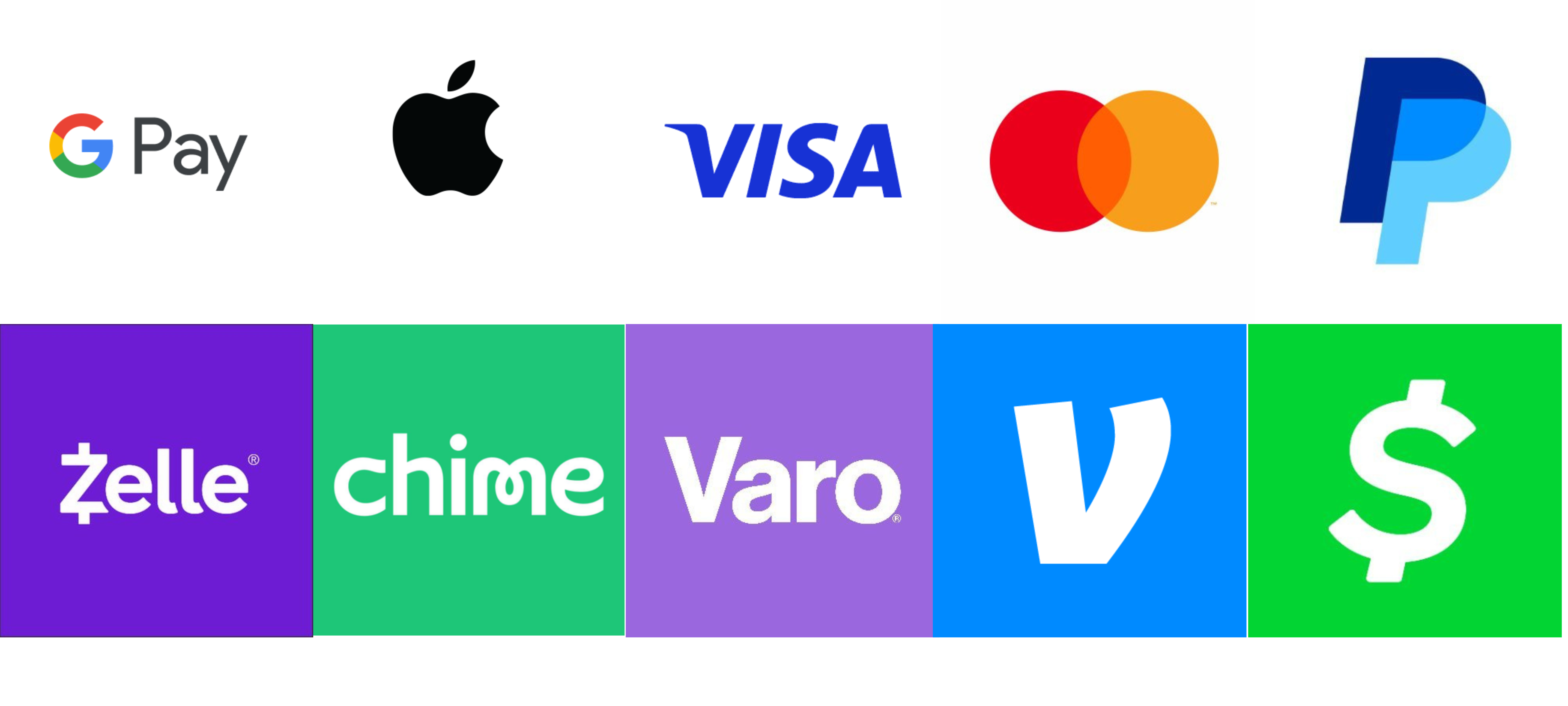 Joyride Payment options: Google Pay & Google Wallet, Apple Pay, and Apple Wallet, Visa, MasterCard, PayPal, Zelle, Chime, Varo, Venmo, CashApp, and Cash Payments.
