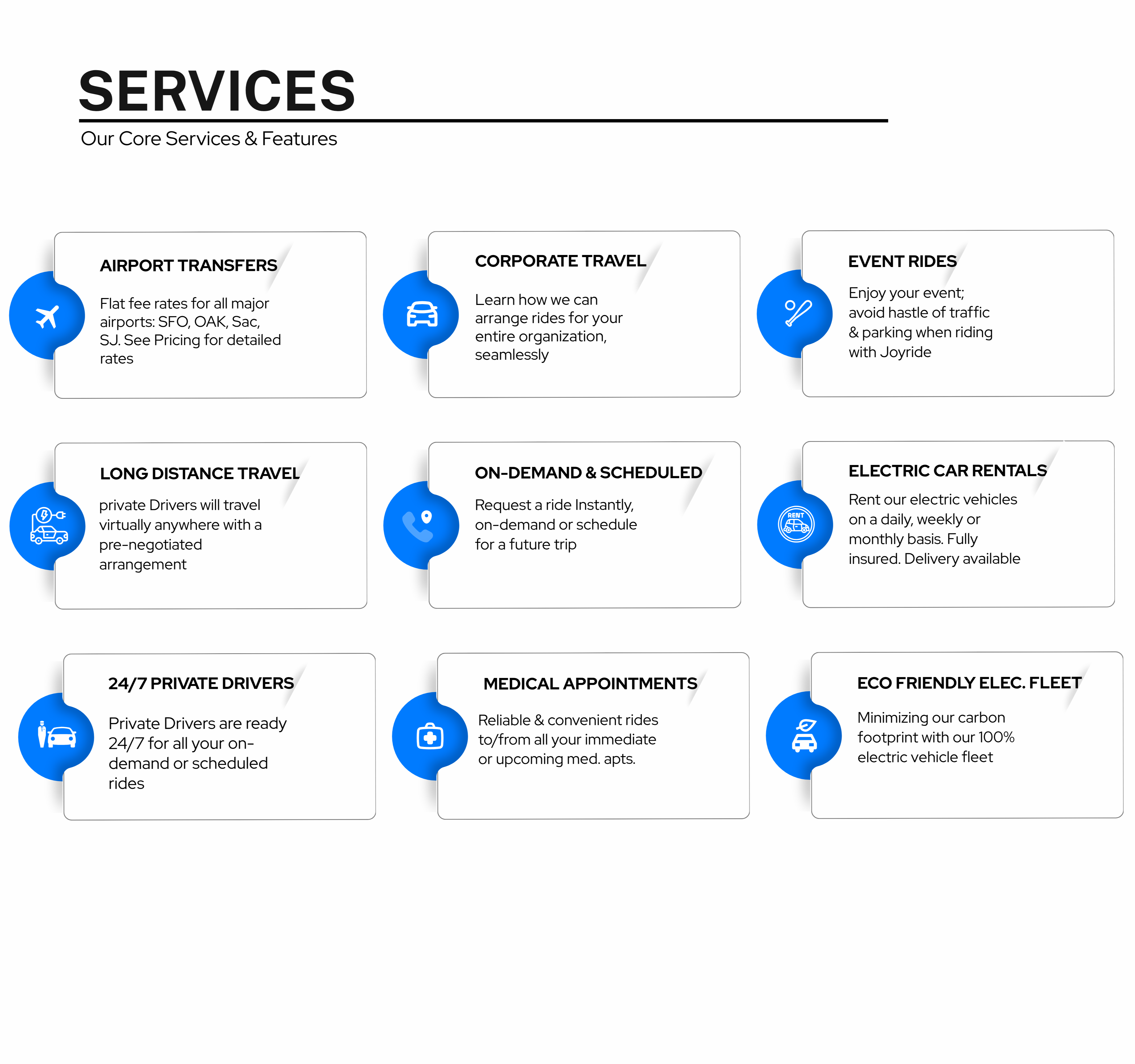 Joyride Core Services- Airport Transfers, Corporate Travel, Event Rides, Long Distance Travel, On-Demand &amp; Scheduled, Electric Car Rentals, 24/7 Private Drivers, Medical Appointments, Eco-Friendly Electric Fleet